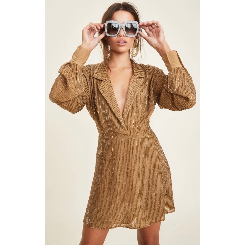 Revolve LPA Dress 61 Long Sleeve Beaded Blazer Collar Mini Dress Size XS